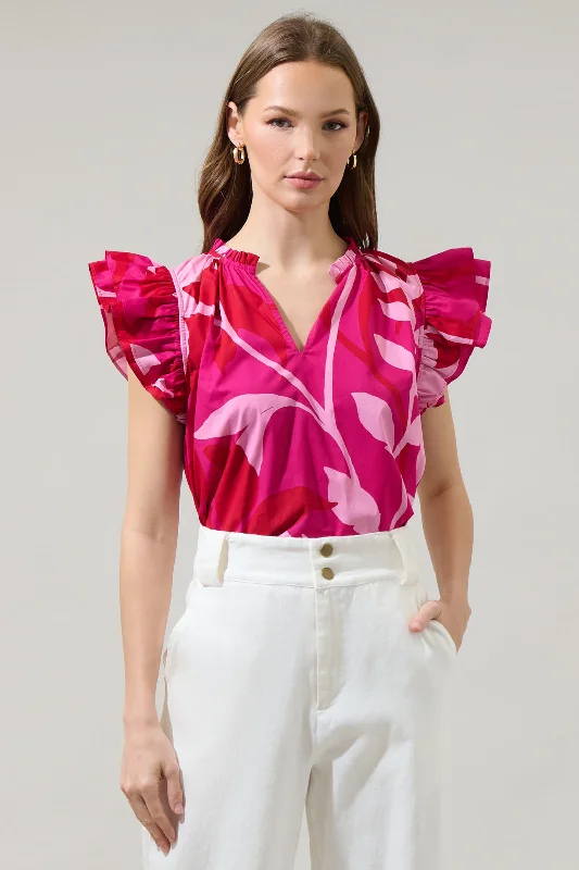 Mila Floral Risette Ruffle Split Neck Top