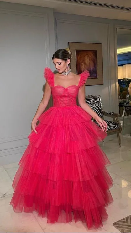 Pink elegant cute A-line long tiered ball gown fashionable evening dress gh2813