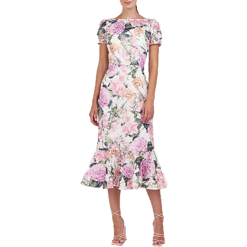 Kay Unger New York Womens Fern Lace Floral Midi Dress