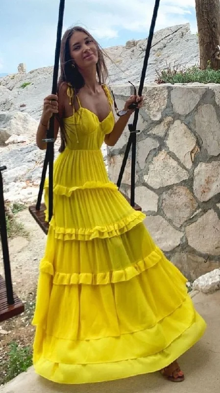 Yellow Spaghetti Strapless Long Prom Dresses Evening Dresses gh2788