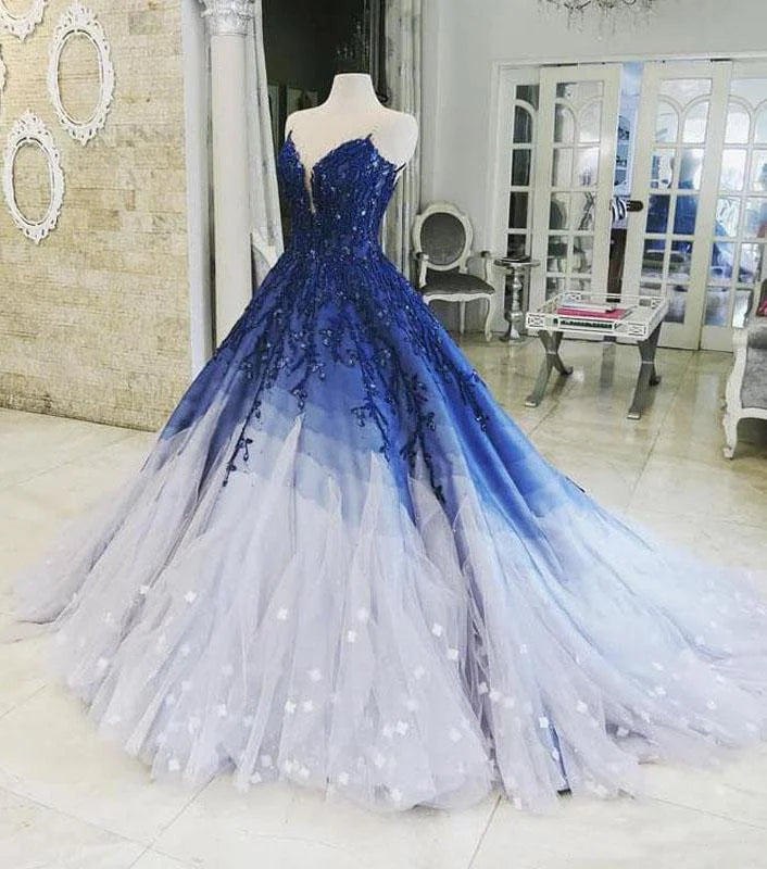 Blue Shiny Elegant V-Neck Applique Gradient Long Ball Gown Prom Dress Evening Dress Adult Ceremony Dress gh3104