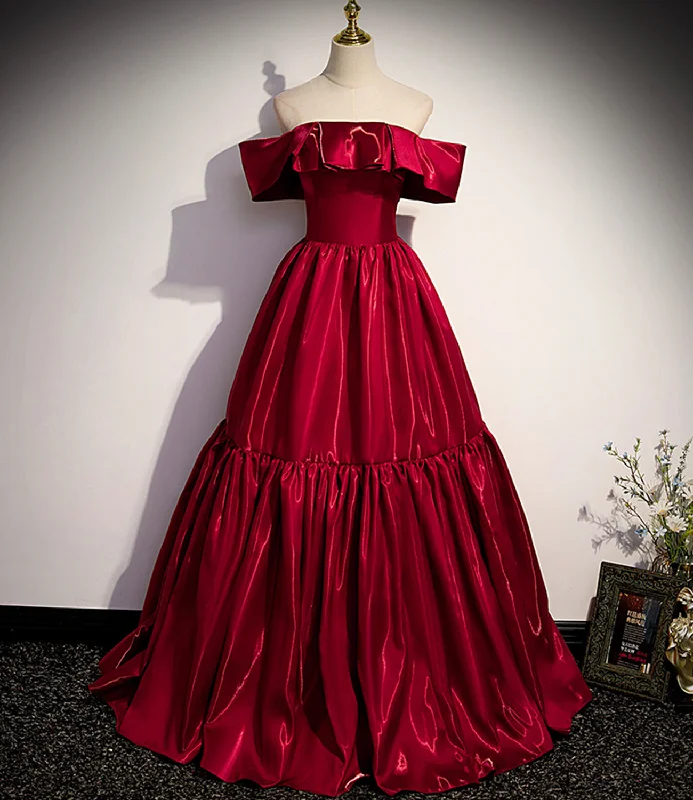 Red satin off shoulder elegant simple long ball gown A-line evening dress 10019