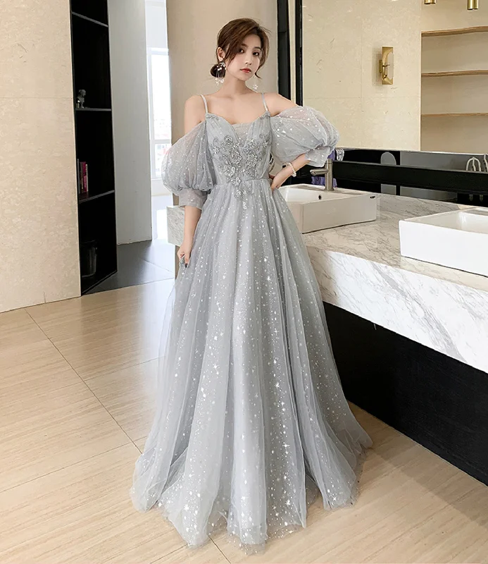 Gray tulle lace long prom dress evening dress  8945