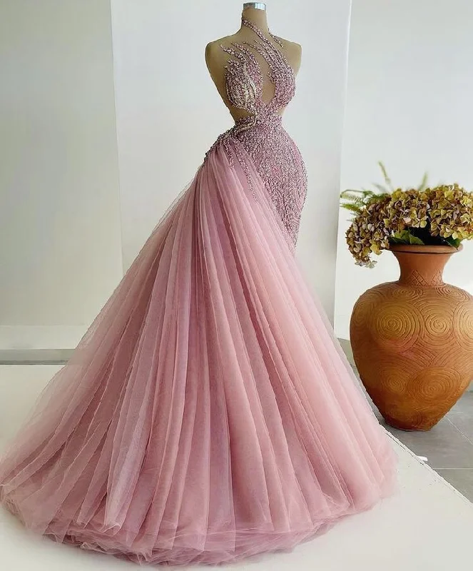 Pink Shiny Gorgeous Fantasy Long Beaded Tulle Ball Gown Evening Dress gh3129