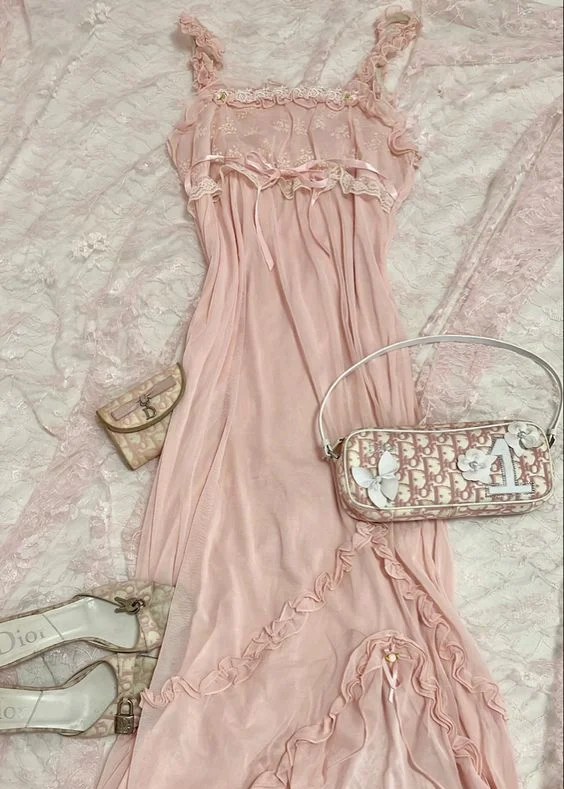 Pink Sweet Elegant Cute Lace Strap Ruffle A-Line Long  chiffon prom dress Evening Dress gh2937