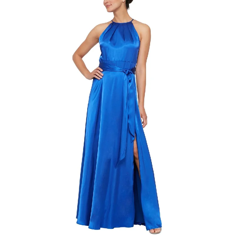 Alex & Eve Womens Satin Belted Evening Dress