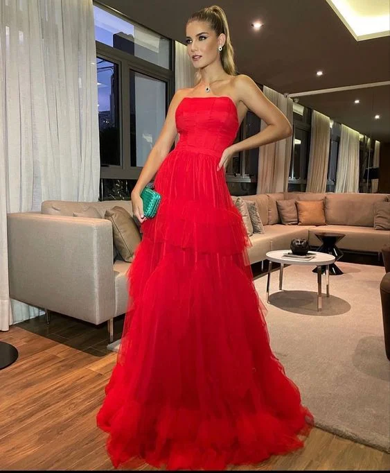 Strapless Red Tulle Long Evening Dress Sleeveless Formal Prom Dress  gh2829