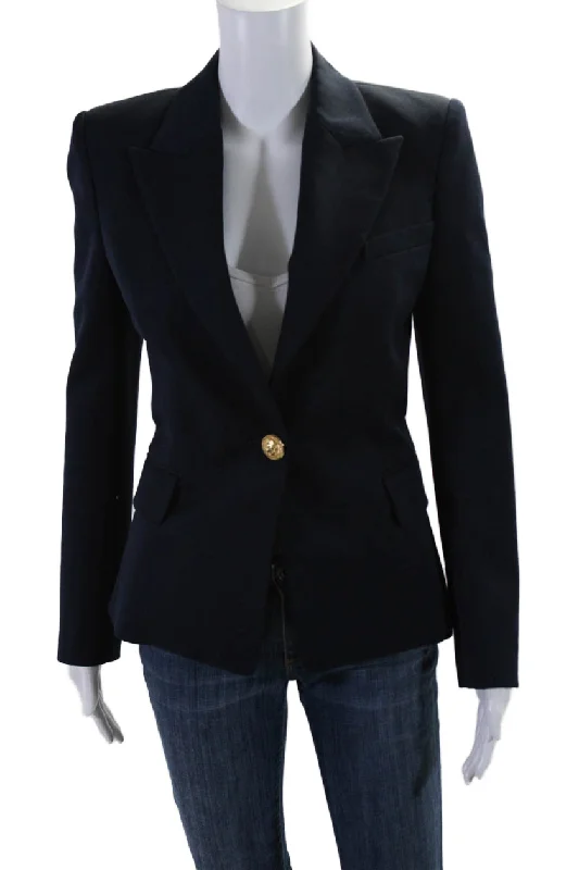 Balmain Womens Single Button Pointed Lapel Blazer Jacket Navy Blue Wool FR 36