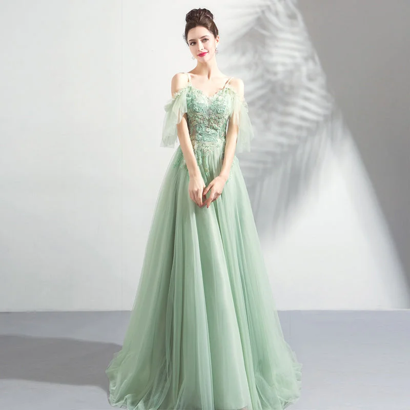 Green tulle lace long prom dress, evening dress  8043