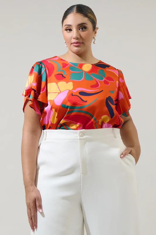 Serene Floral Deja Satin Ruffle Blouse Curve