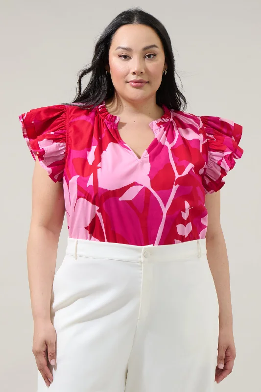 Mila Floral Risette Ruffle Split Neck Top Curve