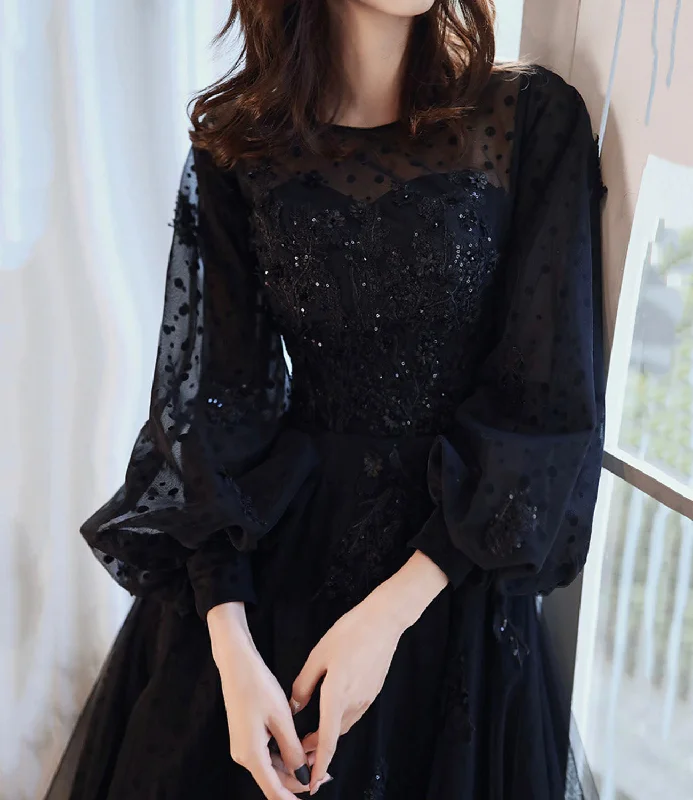 Black lace long prom dress A line evening gown  10277