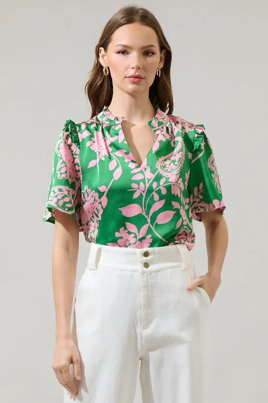 Anela Floral Mei Split Neck Satin Top