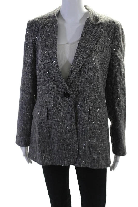 Insight Womens Holiday Sparkle Sequined Blazer Jacket Black White