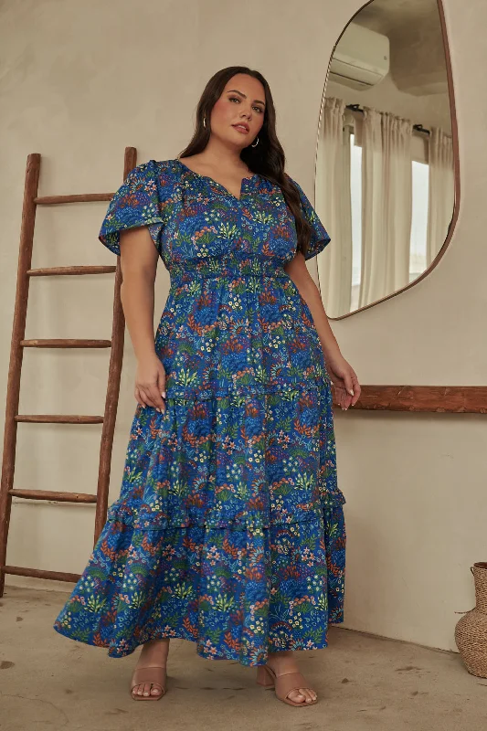 Ruya Floral Palmer Poplin Tiered Maxi Dress Curve