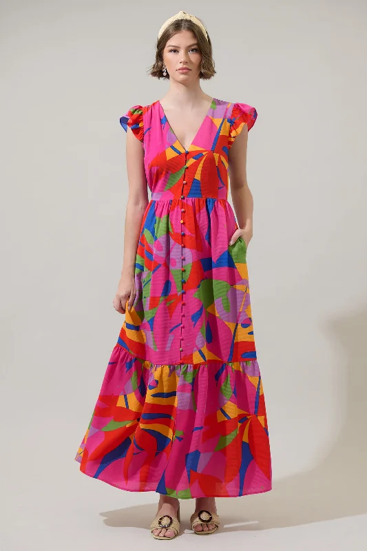 Soleil Abstract Evianna Button Down Flutter Maxi Dress