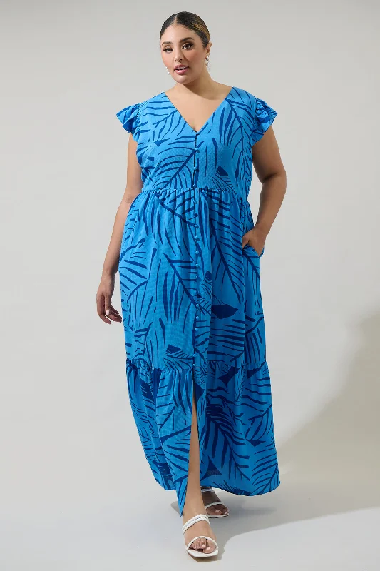 Maia Tropics Evianna Button Down Flutter Maxi Dress Curve