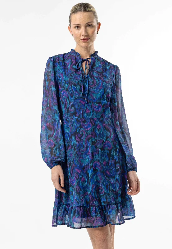 Tie Neck Chiffon Mini Dress in Blue Paisley Print