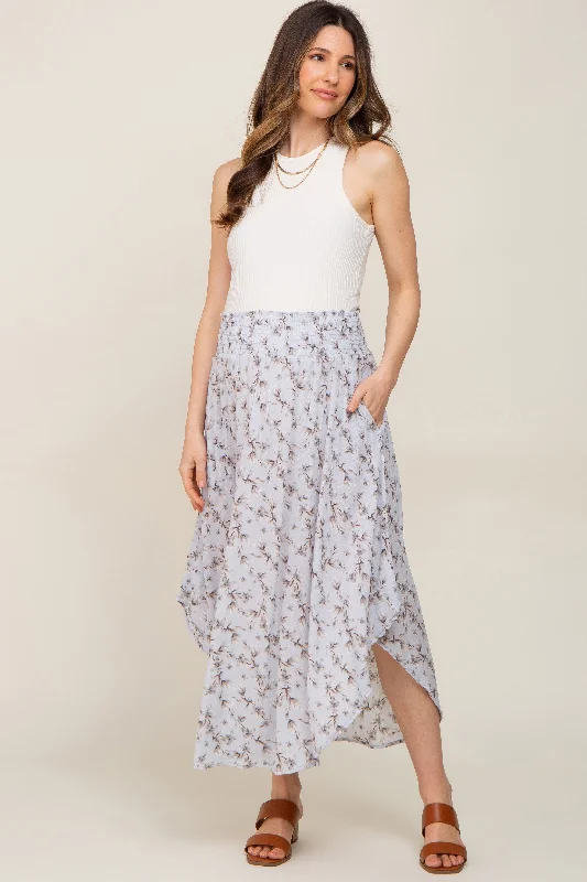 Light Blue Floral Smocked Maternity Midi Skirt