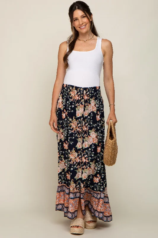 Navy Blue Floral Border Print Smocked Waist Button Front Maternity Maxi Skirt