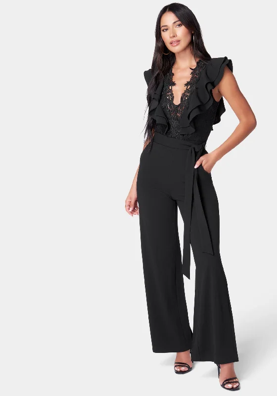 Lace Trim Knit Crepe Palazzo Jumpsuit