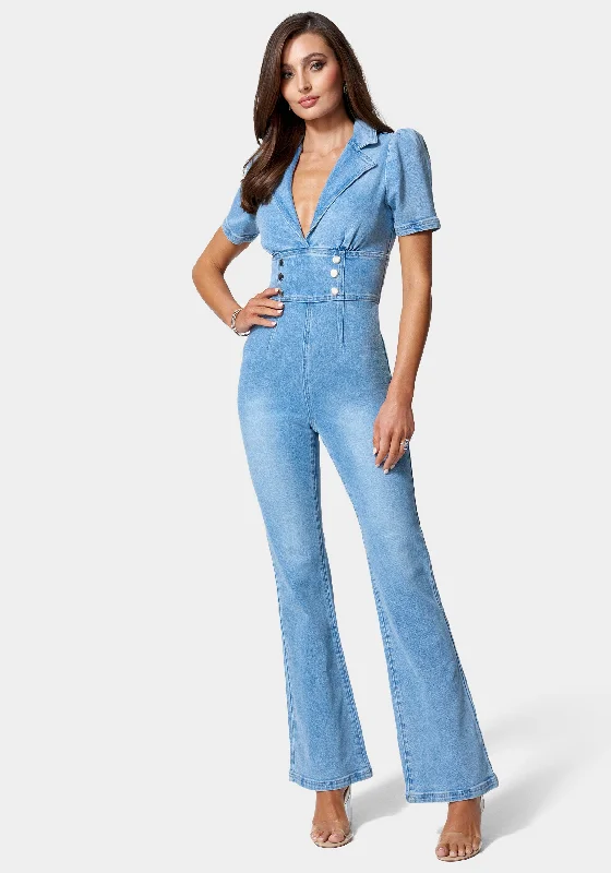 Short Sleeve Notch Collar Wide Leg Denim Jumpsuit