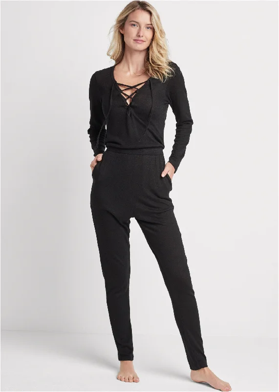 Cozy Hacci Lace-Up Jumpsuit - Black