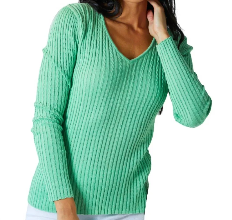 Braided V-Neck Sweater In Green