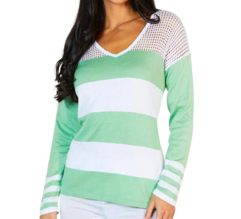 Crochet V-Neck Sweater In White/green