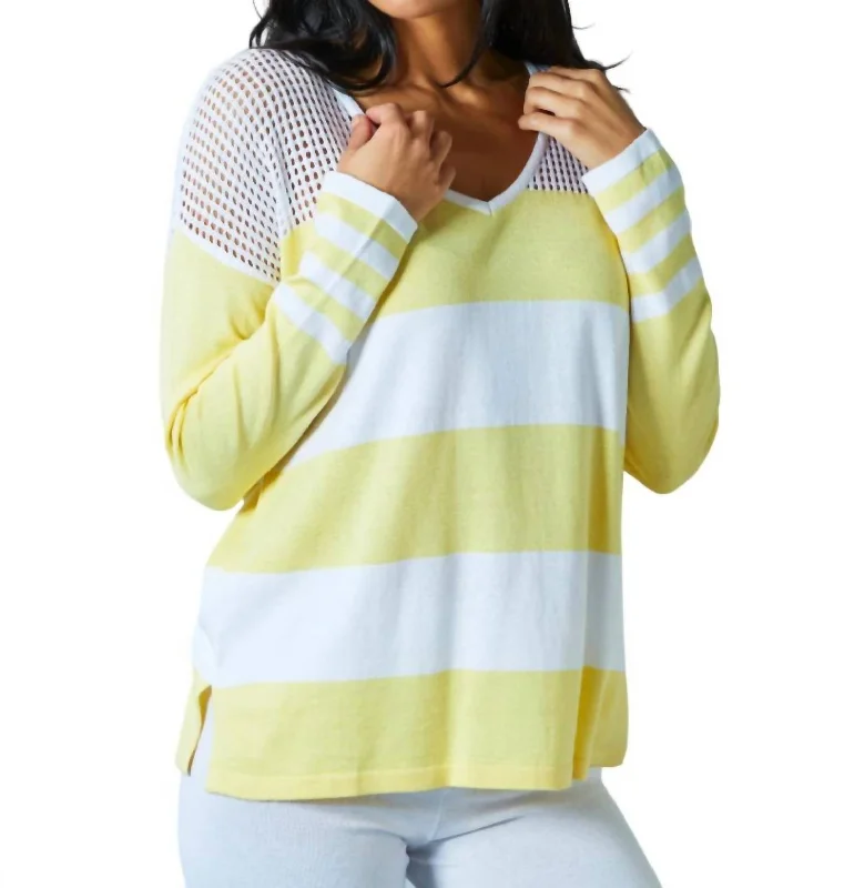 Crochet V-Neck Sweater In White/lemon