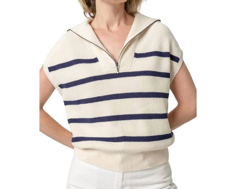 Half Zip Striped Sweater In White/navy Stripe