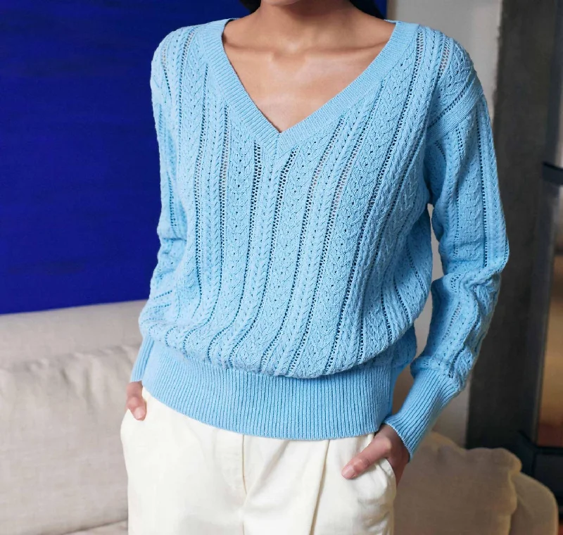 Recycled Cotton Open Cable V-Neck Sweater In Sky Blue